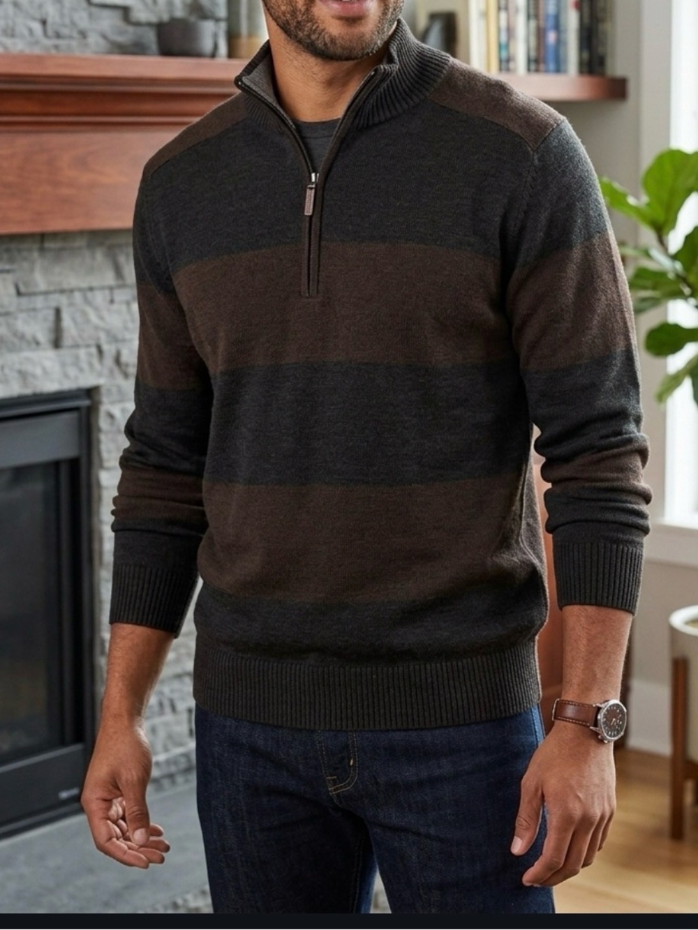Smartwool Merino Wool Half Zip Sweater Stripe Brown L Warm Preppy Fisherman